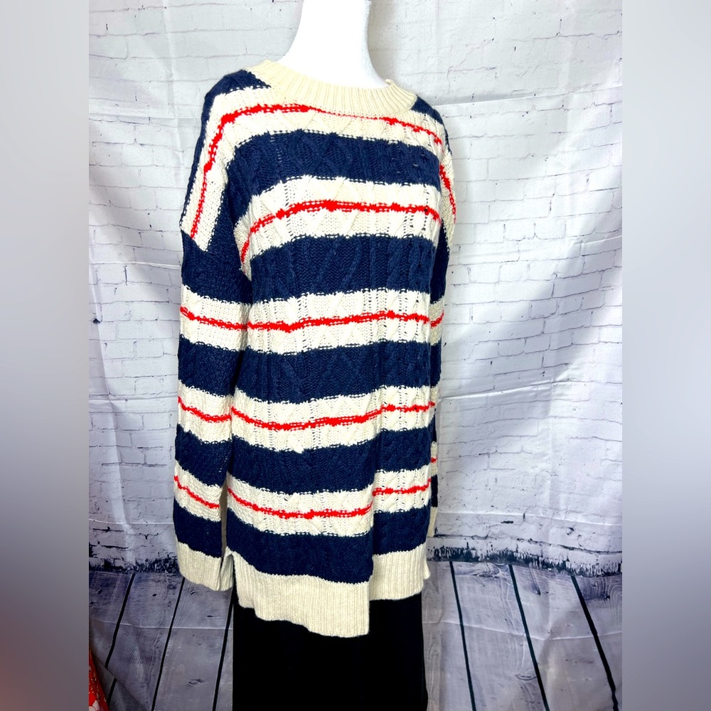 J Crew cable knit sweater. Red, White, and Blue